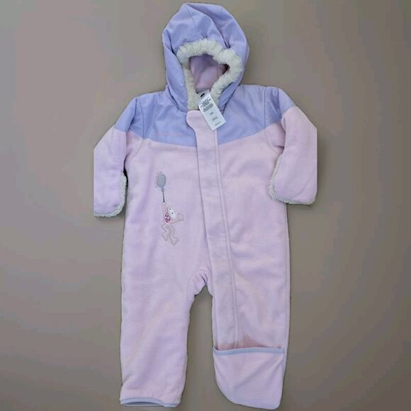 GIRLS COLUMBIA PINK FLEECE MONKEY HOODED SNOWSUIT BUNTING BABY TODDLER 18MOS - Picture 1 of 7